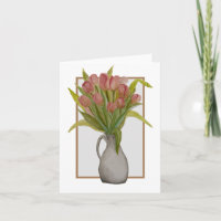 Carte de vœux ou note avec tulipe rose dans un vas