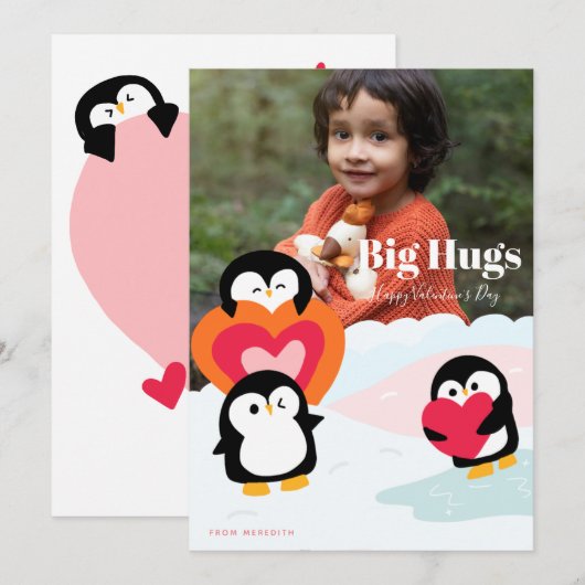 Carte de vœux photo de câlins d'amour de pingouin  (Devant / Derrière)