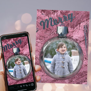 Carte de vœux photo de Noël Merry Pink Bauble