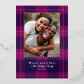 Carte de vœux photo de vacances en plaid violet et (Recto)