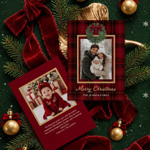 Carte de vœux photo Joyeux Noël à carreaux rouges