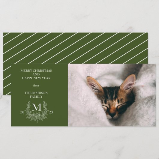 Carte de vœux photo rustique monogramme vert foncé (Devant / Derrière)