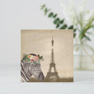 Carte de voeux plat Fancy Zebra & Eiffel Tower