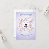 Carte de vœux plate Chien Samoyède et fleurs roses (Devant/Arrière en situation)