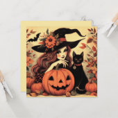 Carte de vœux plate de sorcière d'Halloween rétro  (Devant/Arrière en situation)
