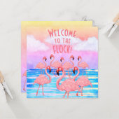 Carte de vœux plate Flamants en défilé (Devant/Arrière en situation)