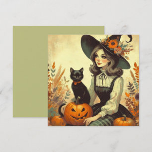 Carte de vœux plate rétro Halloween sorcière et no