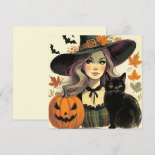 Carte de vœux plate rétro Halloween sorcière et no