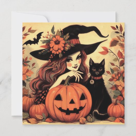 Carte de vœux plate rétro pour Halloween avec sorc (Devant)