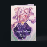 Carte de voeux pliée<br><div class="desc">Glorieux violet Iris Watercolor Love Birthday Card. Une carte magnifique,  son vide laissé à l'intérieur pour que vous puissiez ajouter votre propre message. Conçu à partir d'une de mes aquarelles iris originales.</div>