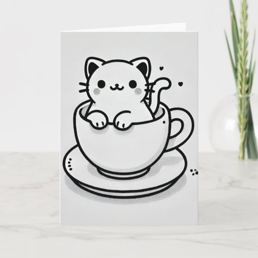 Carte de vœux pliée avec un chat mignon dans une t (Devant)