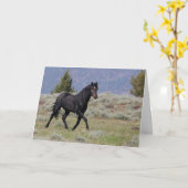Carte de voeux pliée Black Mustang Stallion (Fleur jaune)