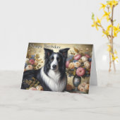 Carte de vœux pliée Border Collie Joyeux Anniversa (Fleur jaune)