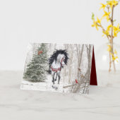 Carte de vœux pliée Cheval de Noël et Cardinaux (Fleur jaune)