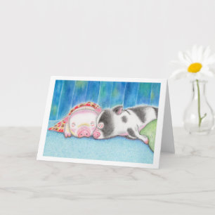 Carte de vœux pliée Cochons miniatures endormis