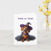 Carte de voeux pliée Dachshund Halloween Witch (Fleur jaune)