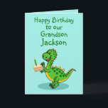Carte de voeux pliée Dinosaur Grandson anniversair<br><div class="desc">Une carte mignonne que vous pouvez personnaliser montrant une tranche de gâteau et bougie d'anniversaire et un dinosaure mignon tenant une tranche de gâteau. Personnaliser le texte et le nom et le message à l'intérieur peut être ajouté,  ou supprimé en suivant l'invite "personnaliser ce Modèle".</div>