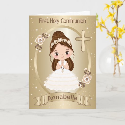 Carte de voeux pliée Girl First Holy Communion (Fleur jaune)