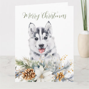 Carte de voeux pliée Husky Dog Floral Christmas