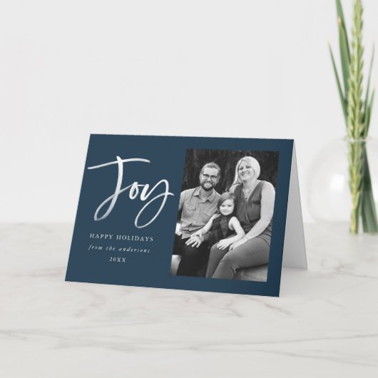 Carte de vœux pliée Joyeux Script | Marine (Devant)
