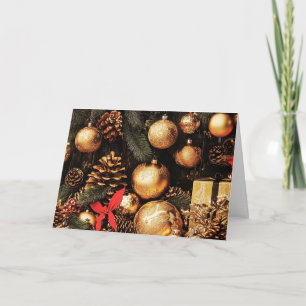 Carte de voeux pliée - Ornements d'or et Pinecones