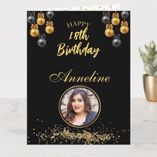 Carte de vœux pliée photo élégante noir et or (Petite plante)