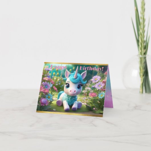 Carte de vœux pliée pour l'anniversaire de licorne (Devant)