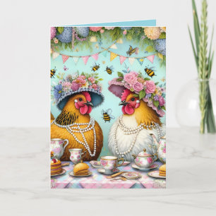 Carte de vœux pliée pour un thé avec des poules