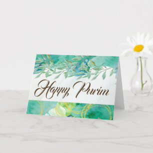 Carte de vœux pliée Purim aquarelle verte Joyeux