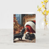 Carte de vœux pliée teckel et Père Noël (Fleur jaune)