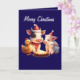Carte de vœux pliée vache, cochon, agneau et poule