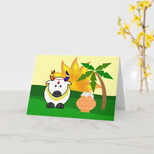 Carte de voeux Pongal Pot, Cow et Tree (Fleur jaune)