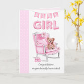 Carte de voeux pour bébé fille rose points (Fleur jaune)