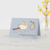 Carte de voeux pour bébé portant une cigogne (Fleur jaune)