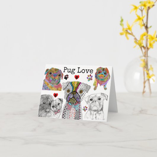 Carte de voeux pour chien de Carlin mignonne et co (Fleur jaune)