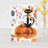 Carte de voeux pour Halloween Chat noir et Citroui (Fleur jaune)