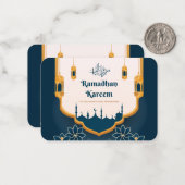 Carte de voeux Ramadhan Kareem moderne bleu et or (Devant/Arrière en situation)