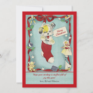 Carte de vœux rétro de Noël avec un chiot dans une