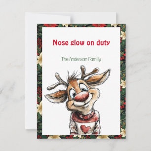 Carte de vœux rétro rouge avec renne mignon pour N