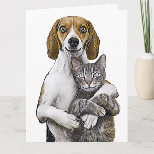 CARTE DE VŒUX ROMANTIQUE ART CHAT ET CHIEN AMOUR (Devant)