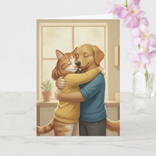 Carte de vœux romantique avec un chien et un chat (Orchidée)