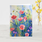 Carte de voeux rouge de pavots d'aquarelle (Fleur jaune)