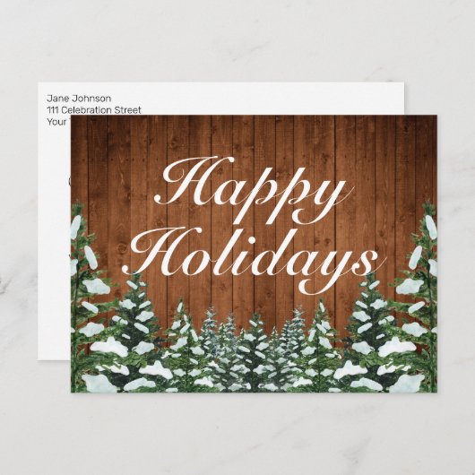 Carte de vœux rurale de Noël en bois enneigé et fo (Devant / Derrière)