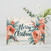 Carte de voeux Rustique Joyeux Noël avec Fleurs (Debout devant)