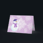 Carte de voeux Snowman et Snowflakes<br><div class="desc">Carte de voeux hiver avec heureux Snowman et de beaux flocons de neige brillants blancs sur arrière - plan violet. Ce design est entièrement personnalisable. Le Snowman et les flocons de neige sont tous sur des couches séparées pour que vous puissiez les redimensionner ou (re)déplacer facilement, et vous pouvez changer...</div>