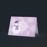 Carte de voeux Snowman et Snowflakes<br><div class="desc">Carte de voeux hiver avec heureux Snowman et de beaux flocons de neige brillants blancs sur arrière - plan violet. Ce design est entièrement personnalisable. Le Snowman et les flocons de neige sont tous sur des couches séparées pour que vous puissiez les redimensionner ou (re)déplacer facilement, et vous pouvez changer...</div>