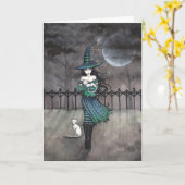 Carte de voeux sorcière avec chats blancs (Fleur jaune)