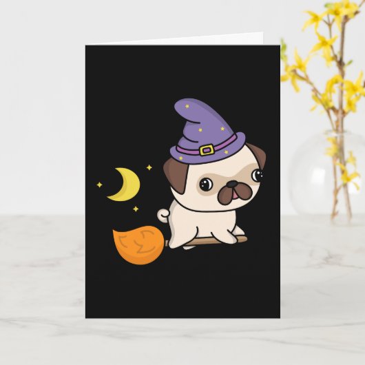Carte de vœux sorcière pug (vierge) (Fleur jaune)
