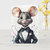 Carte de vœux souris élégant en smoking (Fleur jaune)