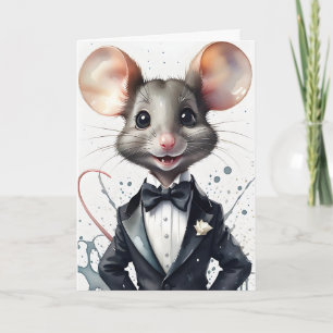 Carte de vœux souris élégante en smoking à l'aquar